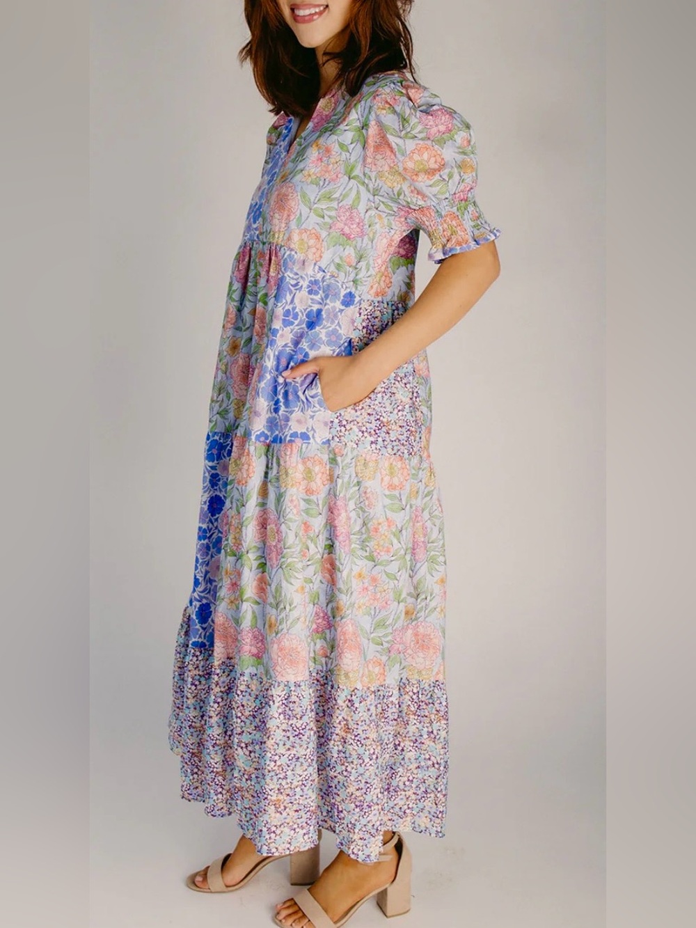 🆕#304~GiGio~Patchwork Floral Midi Dress in Blue, Pink, & Multi, Sm - Picture 9 of 16